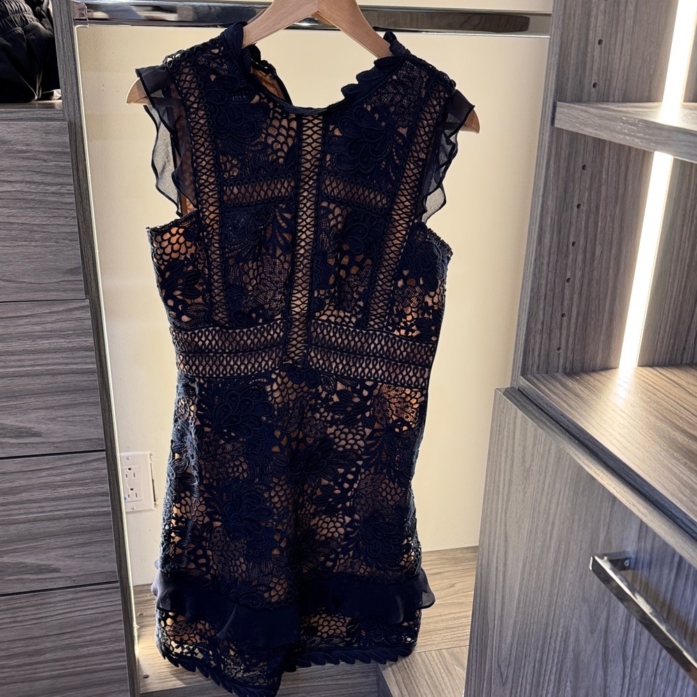 Reiss Navy and Black Lace Midi Dress